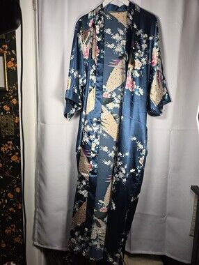Kim + Ono Kimono Satin Robe Duster Women's OS Blue Floral Peacock